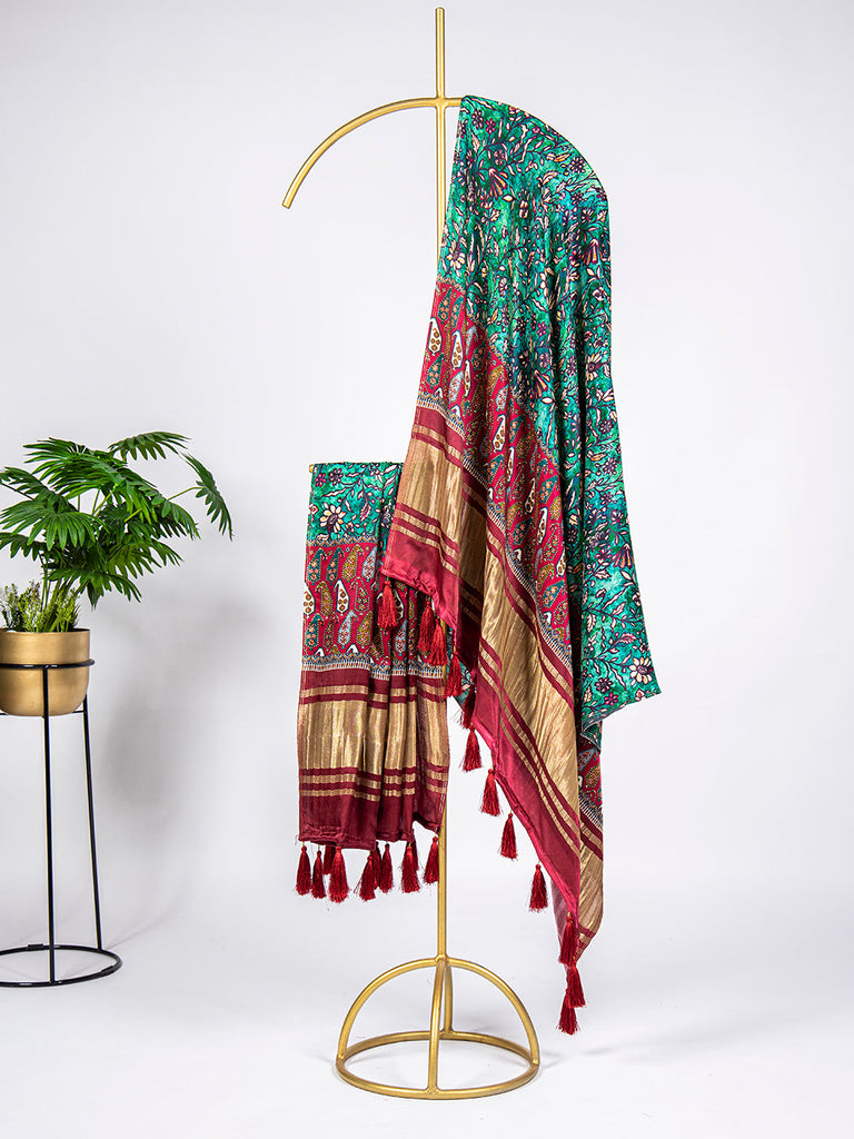 Teal Color Digital Printed Pure Gaji Silk Dupatta With Tassels Clothsvilla