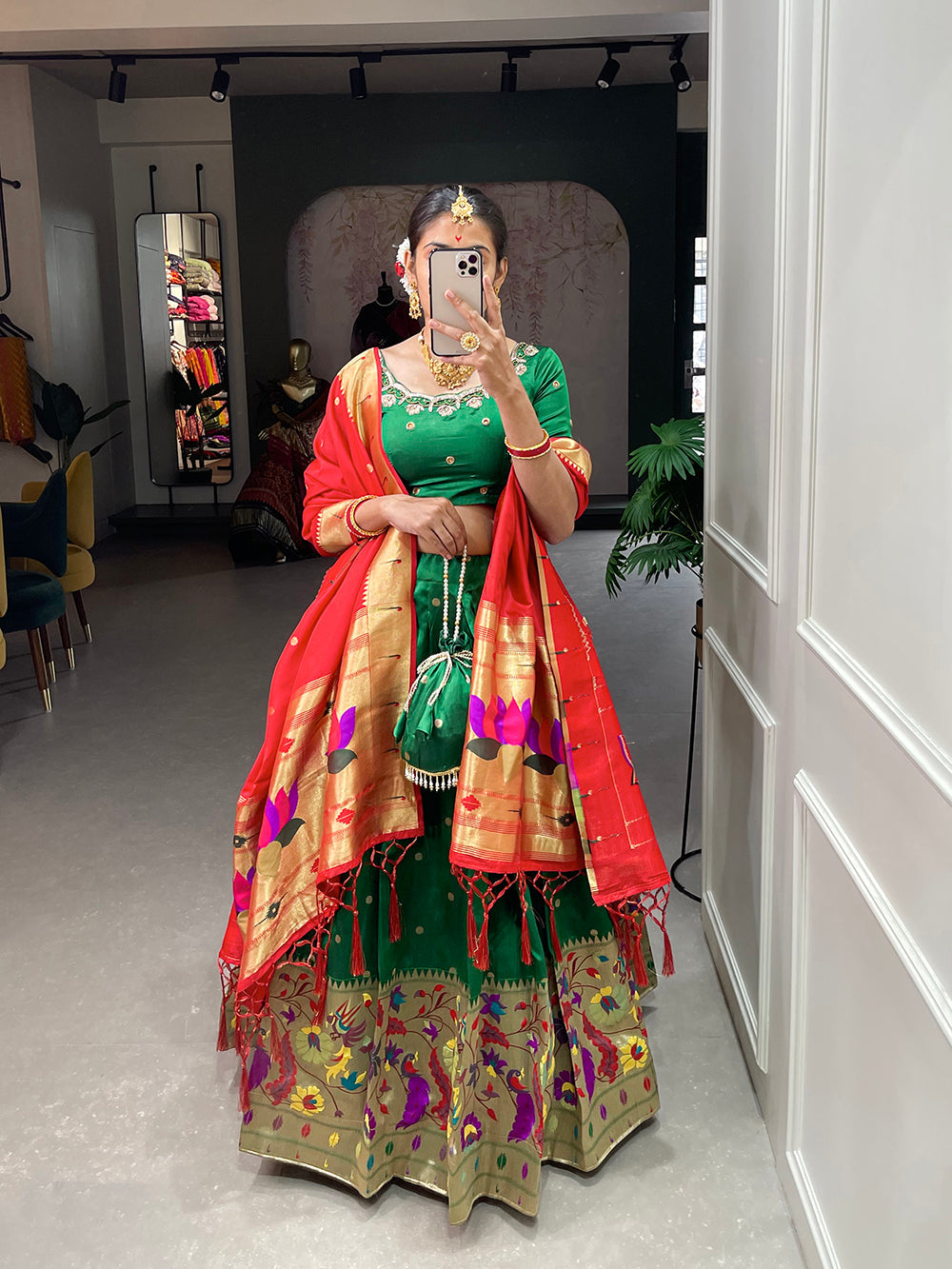 Green Color Weaving Zari Work jacquard Paithani Silk Lehenga Choli ClothsVilla.com