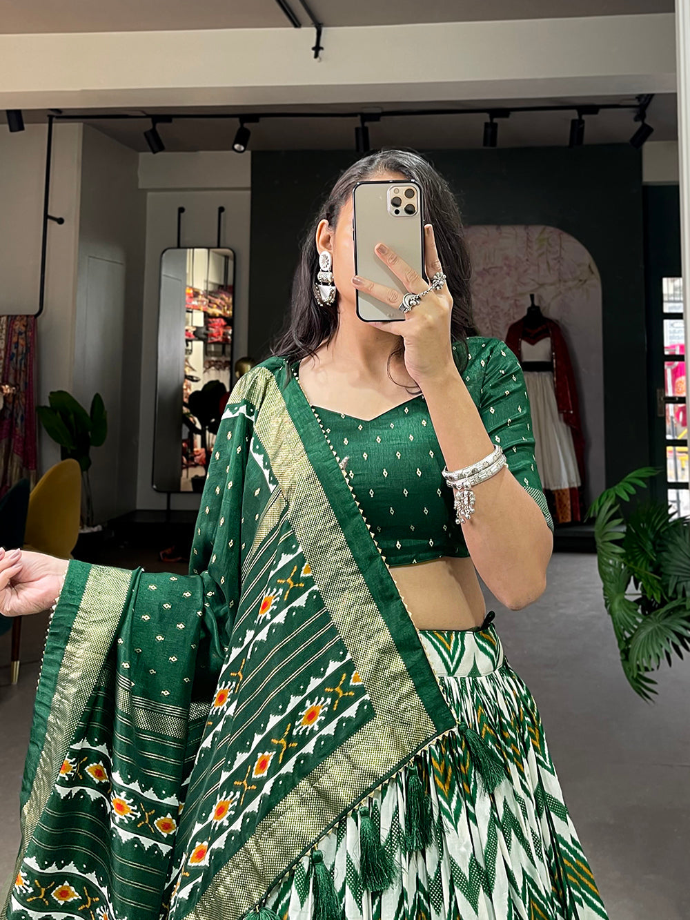 Green Color Leheriya With Foil Work Tussar Silk Lehenga Choli ClothsVilla