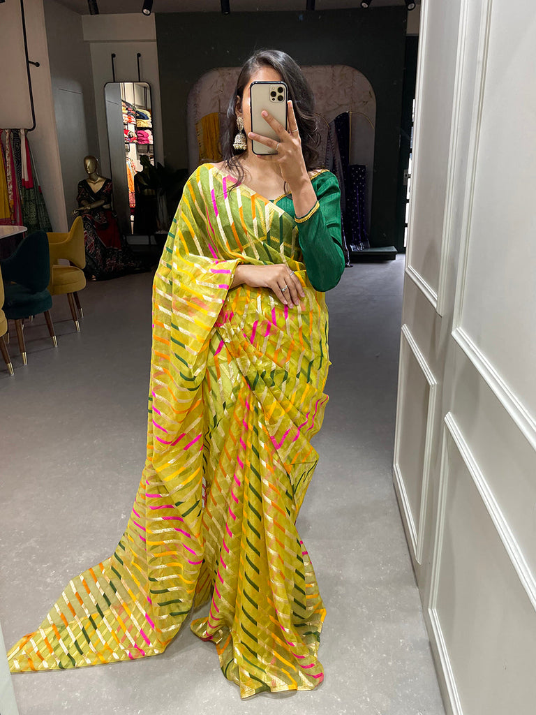 Lemon Color Zari Weaving Work Organza Saree Clothsvilla