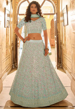 Load image into Gallery viewer, Light Blue Embroidered Crepe Lehenga For Indian Wedding Clothsvilla