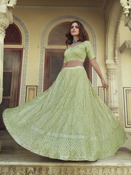 Pista Green Georgette Partywear Lehenga Choli