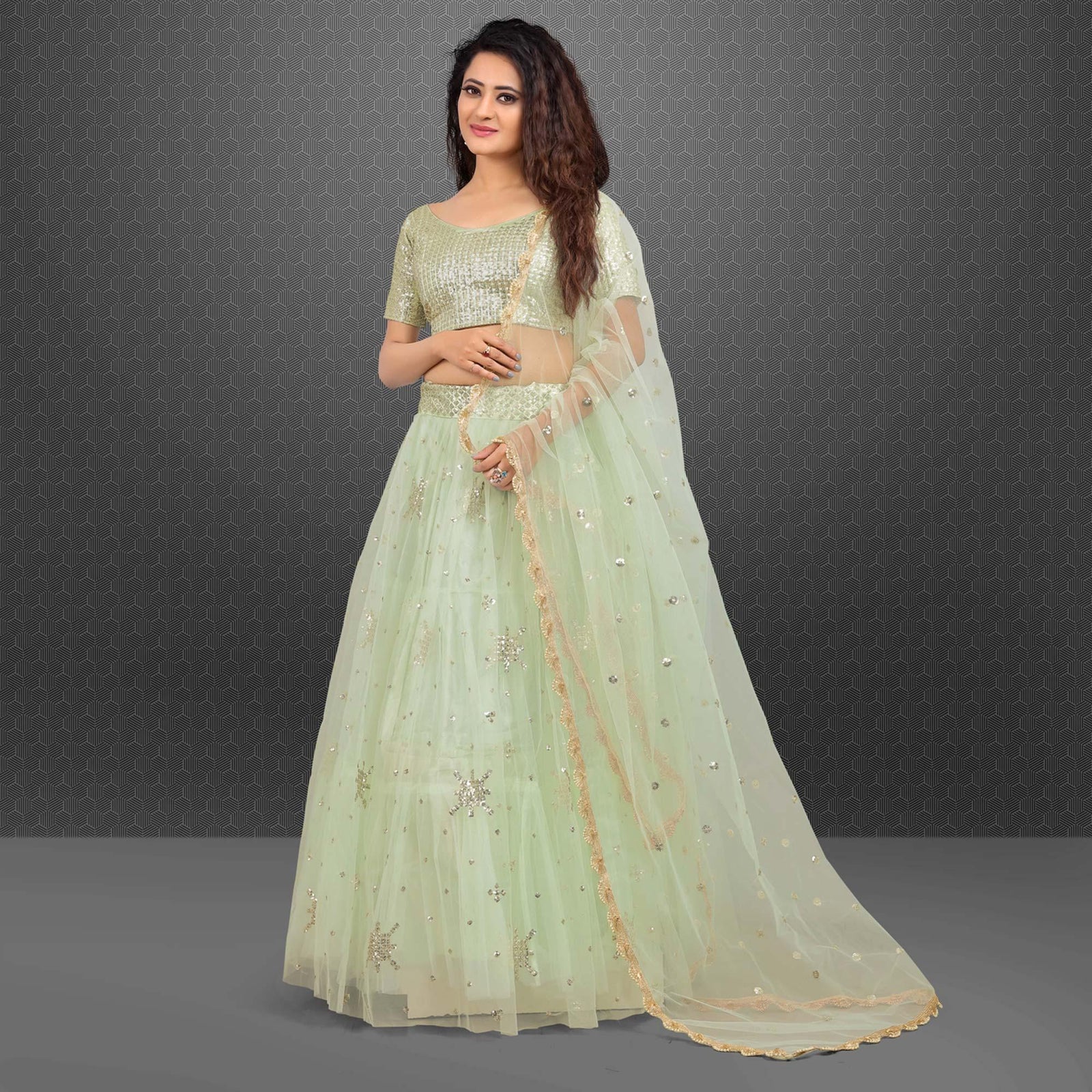 Light Green Party Wear Sequins Embroidered Net Lehenga Choli Clothsvilla