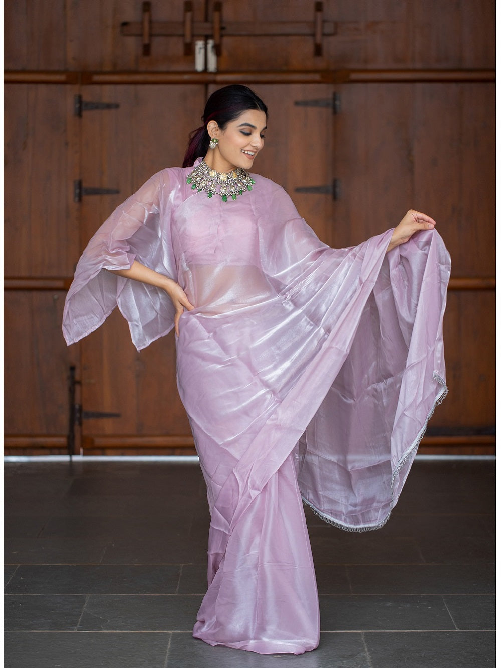 Light Pink Color Pallu Lace Border Jimi Silk Saree Secondary image