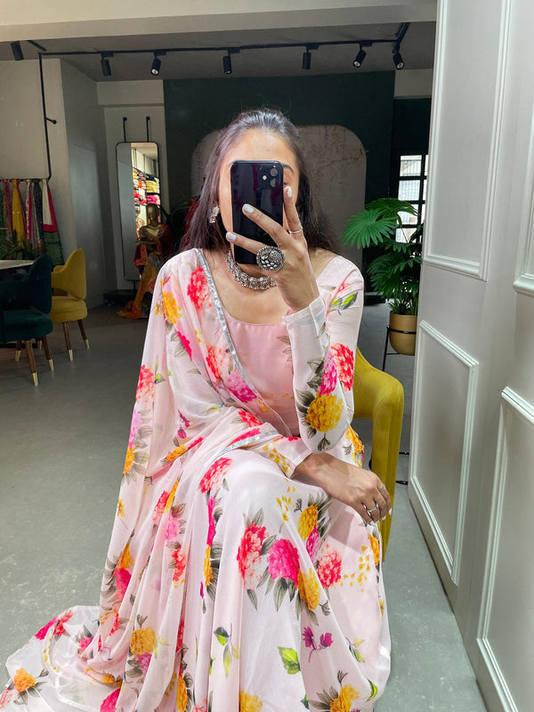 Light Pink Color Floral Printed Anarkali Style Chiffon Kurti Clothsvilla