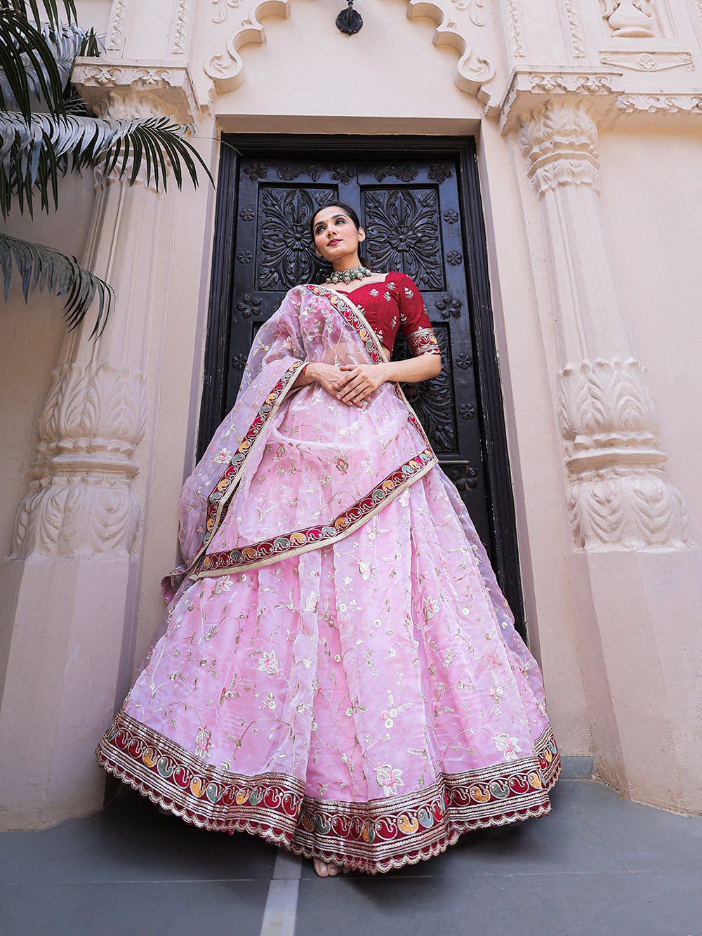 Light Pink Color Thread Embroidery Work With Lace Border Organza Lehenga Choli ClothsVilla.com