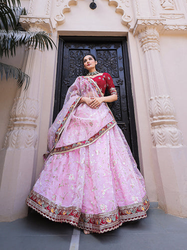 Light Pink Color Thread Embroidery Work With Lace Border Organza Lehenga Choli ClothsVilla.com