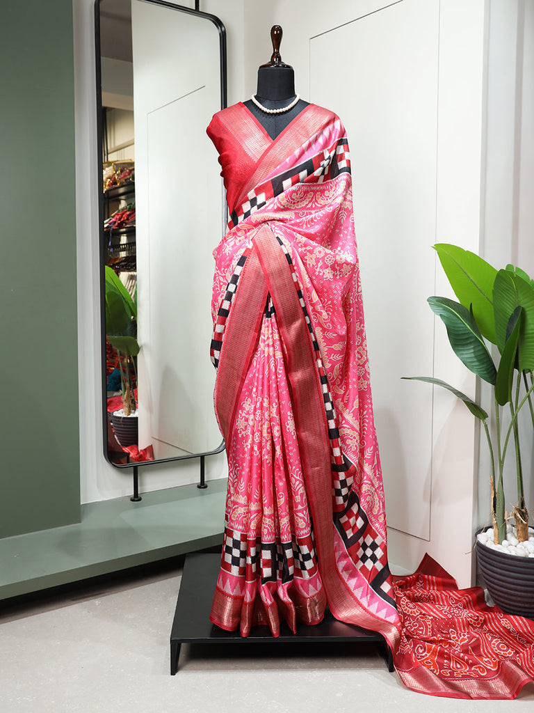 Light Pink Color Printed With Zari Border Dola Silk Fancy Saree Clothsvilla