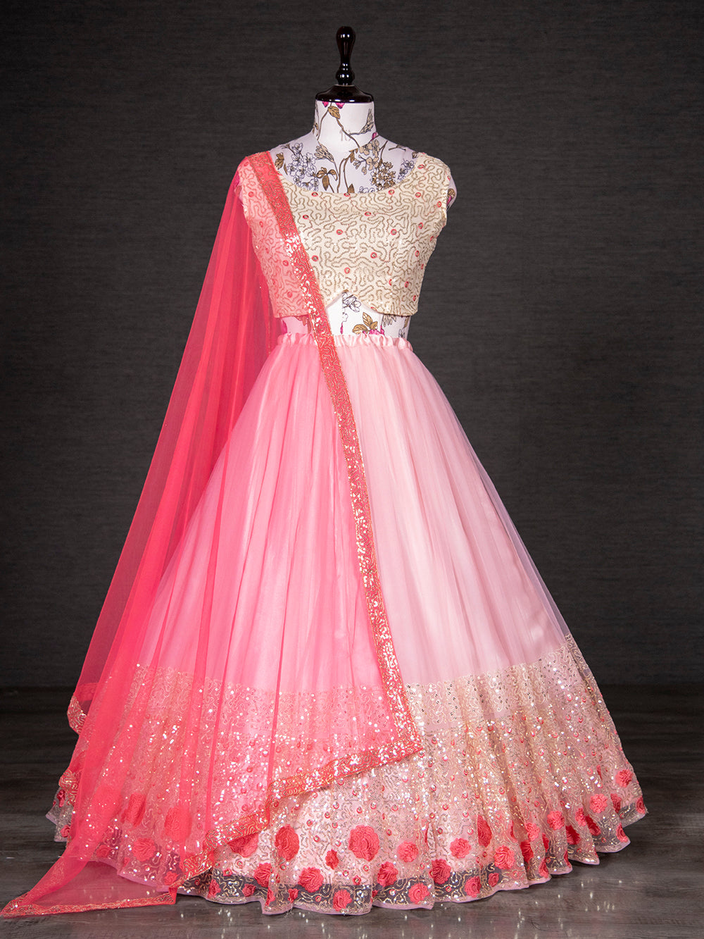 Light Pink Color Sequins Embroidery Work Net Lehenga Choli With Dupatta Clothsvilla