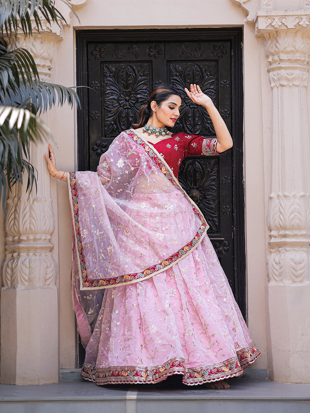 Light Pink Color Thread Embroidery Work With Lace Border Organza Lehenga Choli ClothsVilla.com
