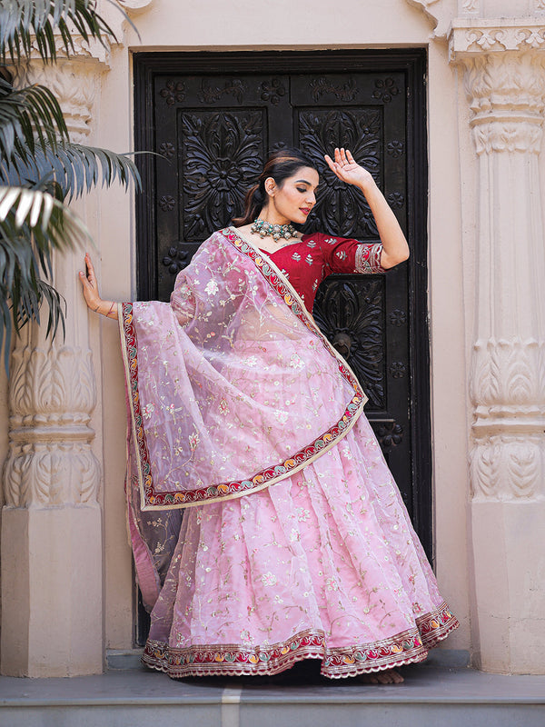 Light Pink Color Thread Embroidery Work With Lace Border Organza Lehenga Choli ClothsVilla.com