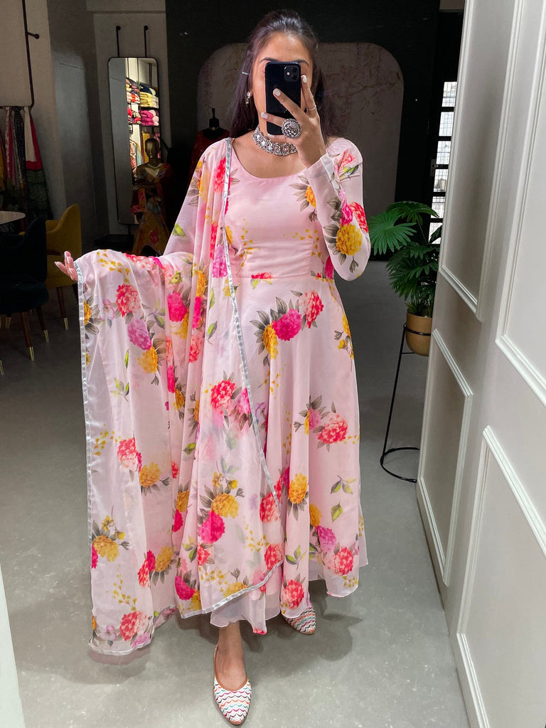 Light Pink Color Floral Printed Anarkali Style Chiffon Kurti Clothsvilla