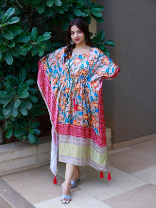 Pink Color Digital Printed Pure Gaji Silk Kaftan Clothsvilla