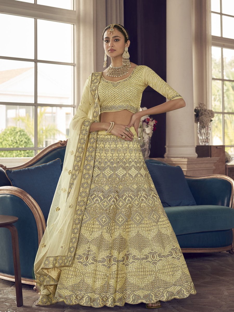 Lime Yellow Crepe Wedding Lehenga Choli Clothsvilla