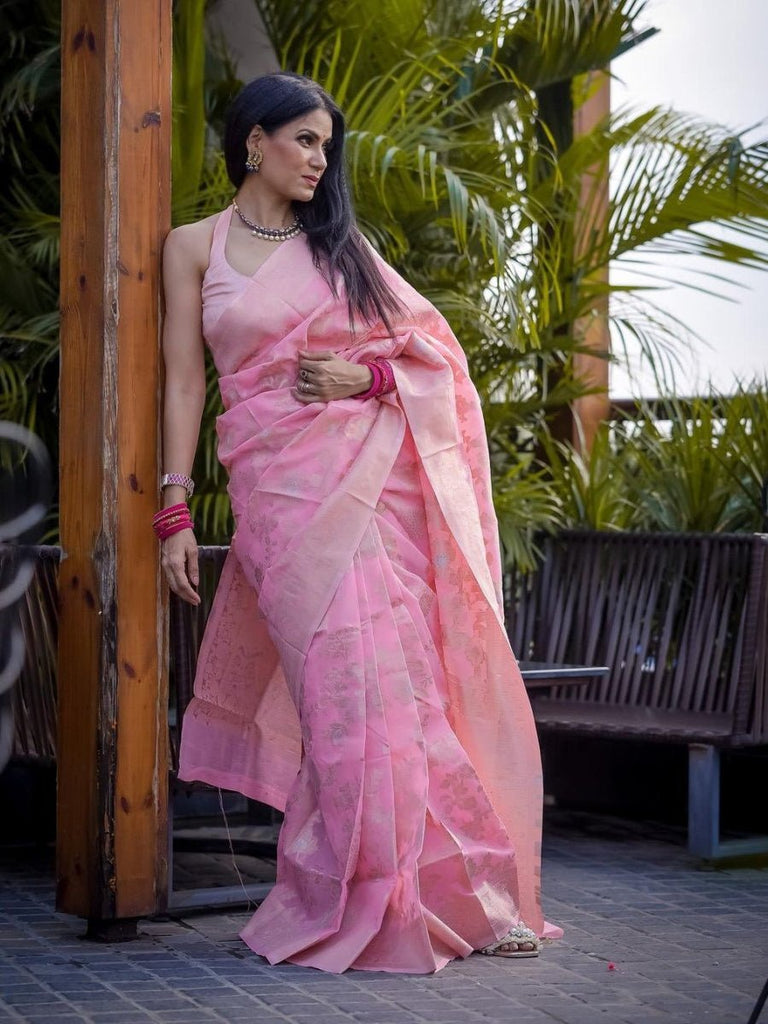 Linen Silk Jaal Woven Saree Anu Mishra Pastel Pink Clothsvilla