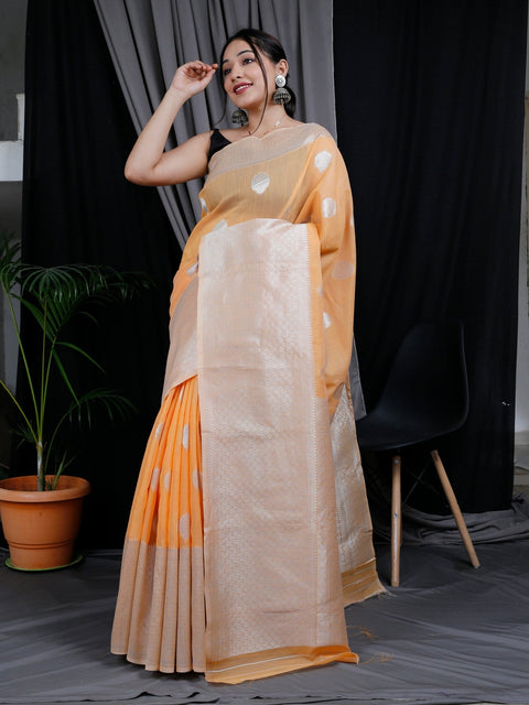 Linen Silk Silver Zari Woven Big Border Orange Clothsvilla Main image