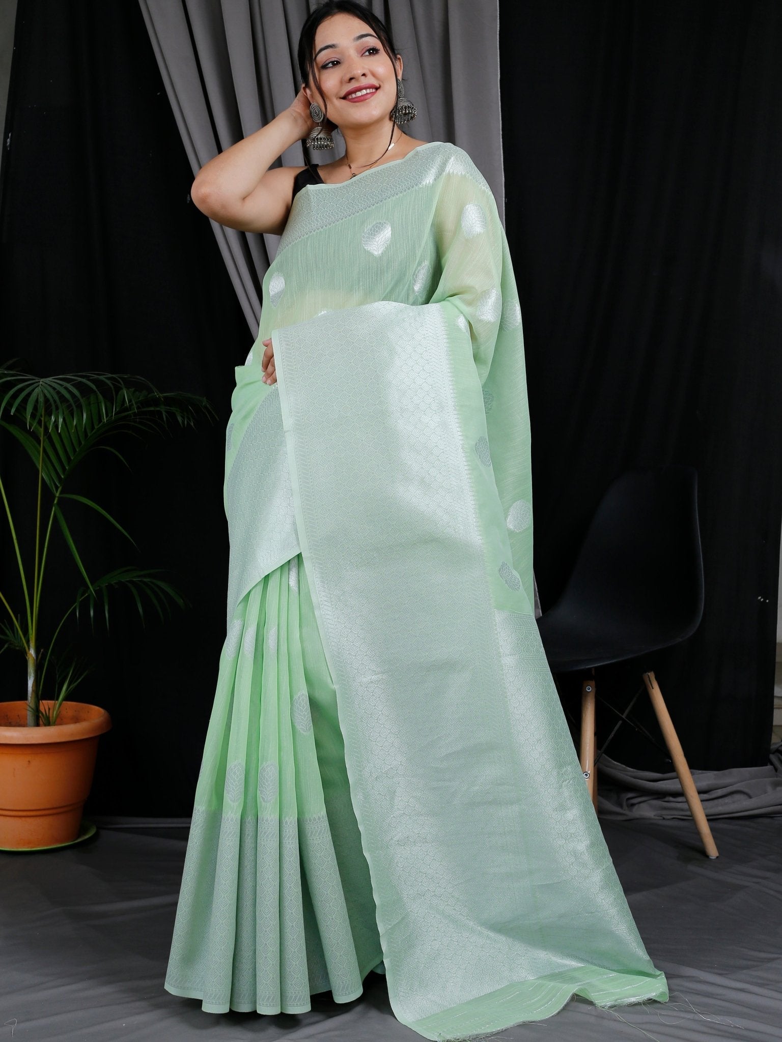 Linen Silk Silver Zari Woven Big Border Pista Green Clothsvilla
