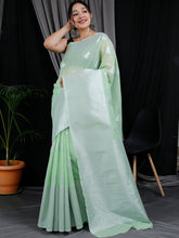 Load image into Gallery viewer, Linen Silk Silver Zari Woven Big Border Pista Green Clothsvilla
