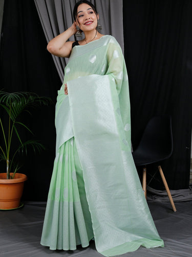 Linen Silk Silver Zari Woven Big Border Pista Green Clothsvilla