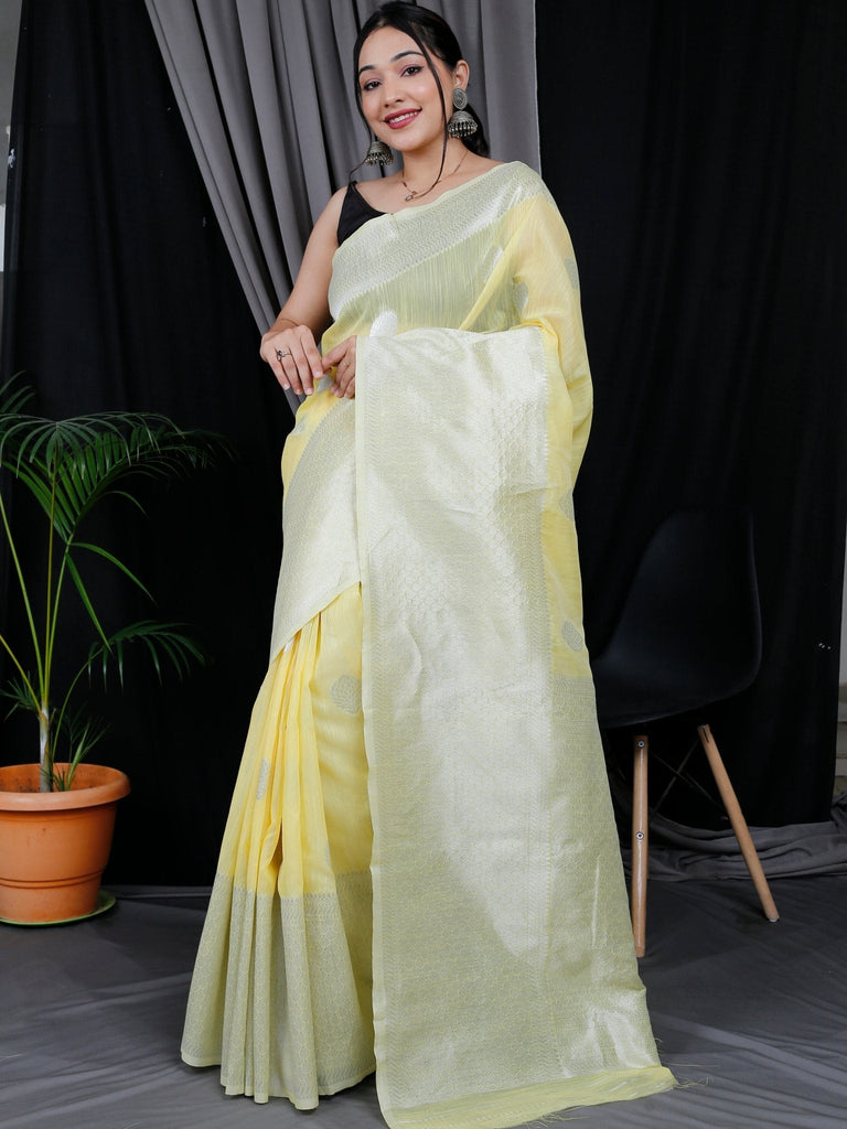 Linen Silk Silver Zari Woven Big Border Yellow Clothsvilla