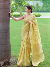 Load image into Gallery viewer, Linen Silk Woven Jaal Lemon Yellow Clothsvilla
