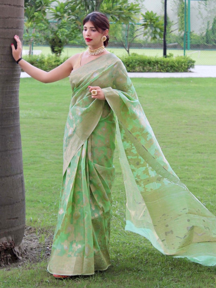 Linen Silk Woven Jaal Pastel Green Clothsvilla