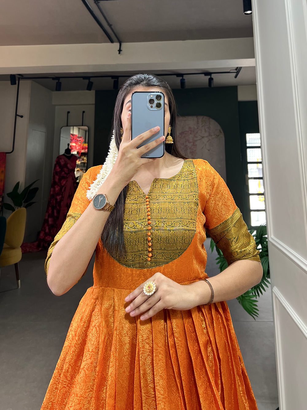 Orange Color Zari Weaving Work Kanjivaram Festival Dress Clothsvilla
