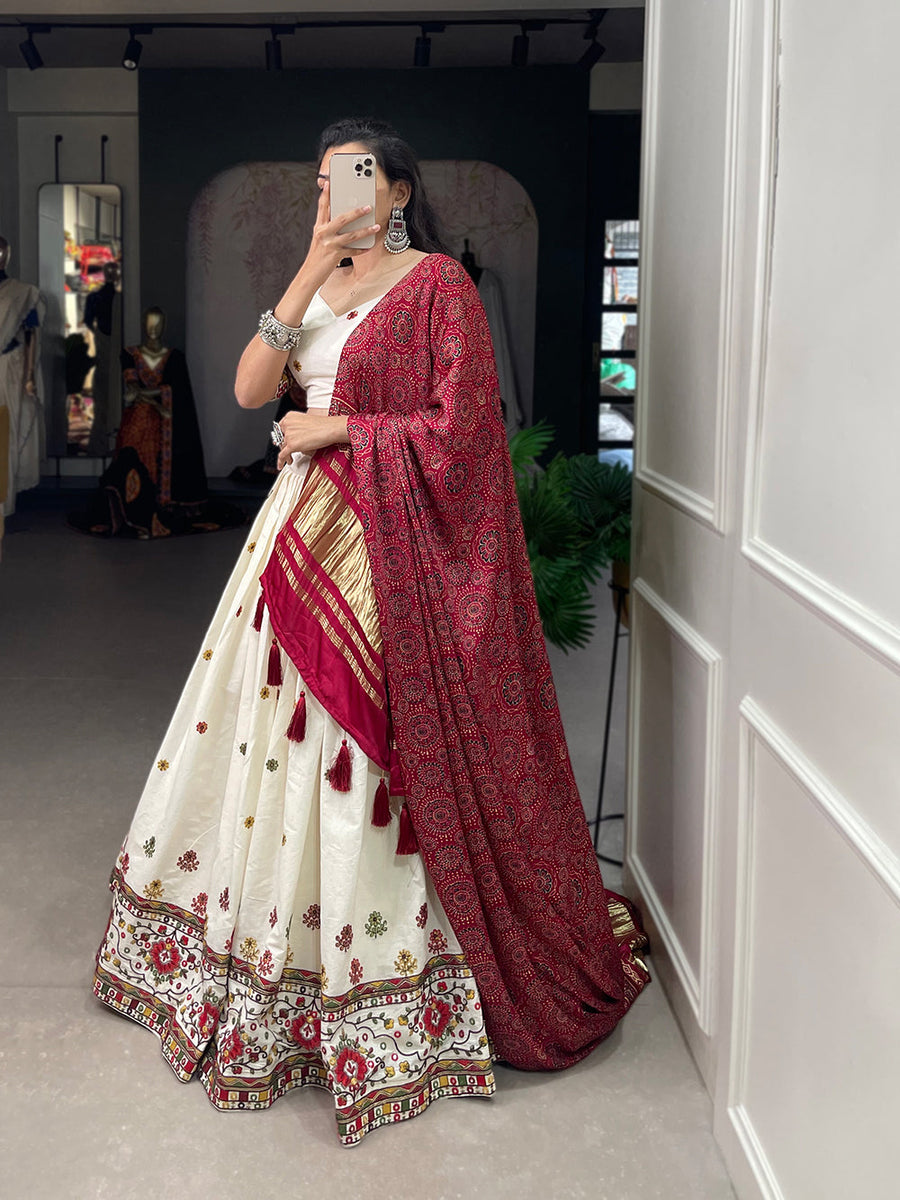 Off-White Khadi Cotton Sequins Embroidered Lehenga Choli with Blue Dupatta