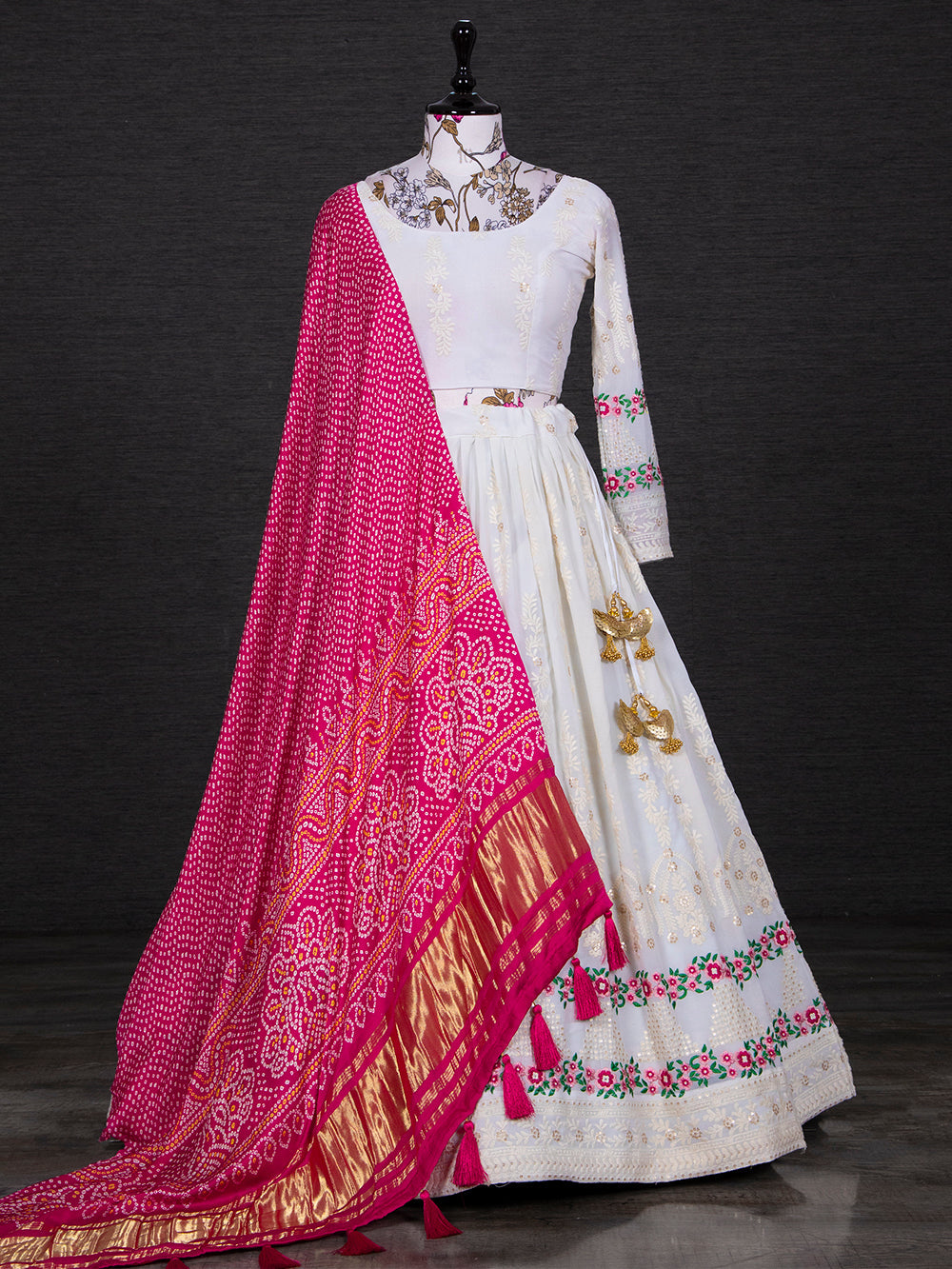 White Color Lucknowi Embroidery Work Georgette Lehenga Set Clothsvilla Main image