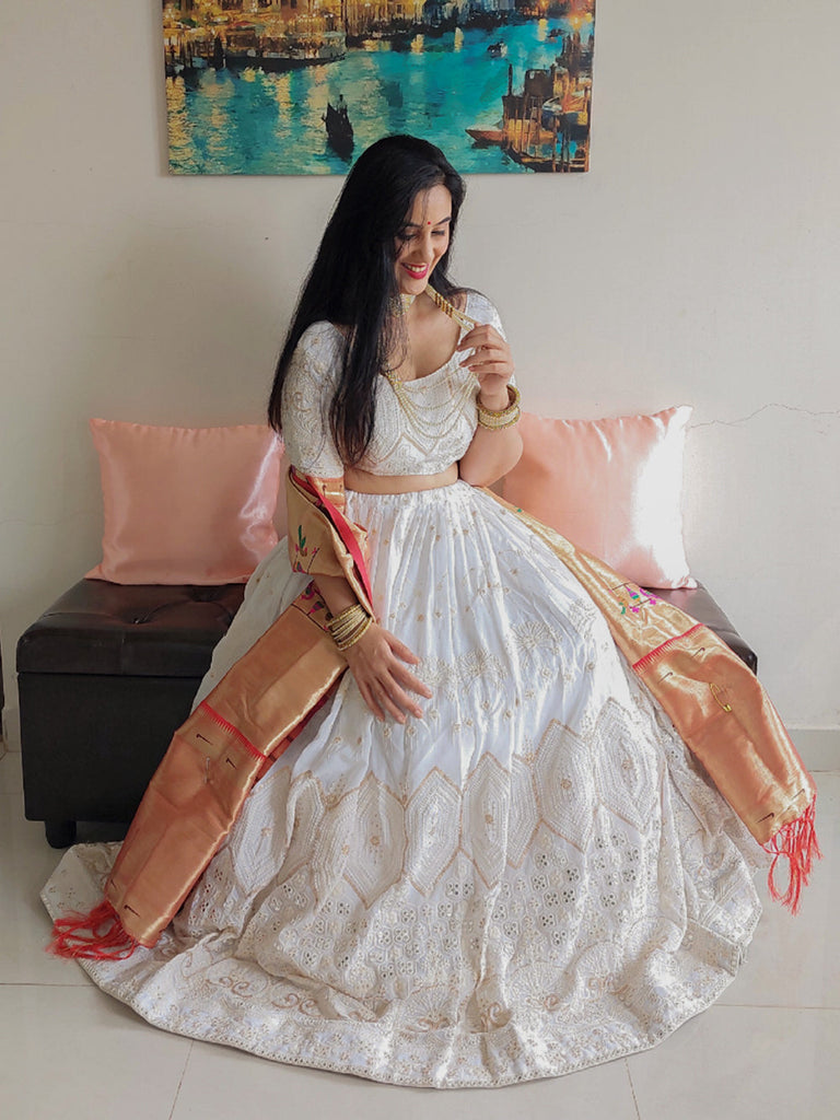 White Color Lucknowi Sequins & Paper Mirror Work Georgette Lehenga Choli Sets Clothsvilla