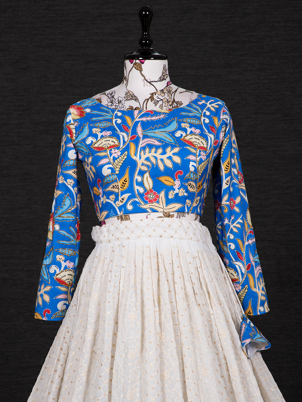 White Color Lucknowi Sequins Embroidery Work Lehenga With Crop Top Clothsvilla