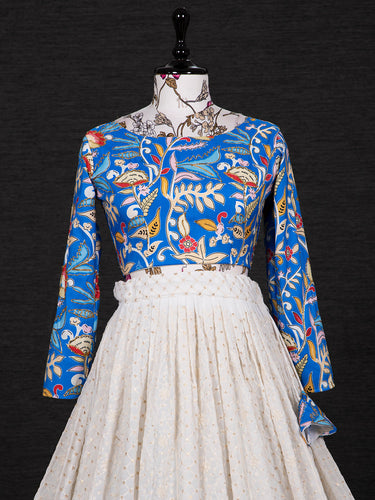White Color Lucknowi Sequins Embroidery Work Lehenga With Crop Top Clothsvilla