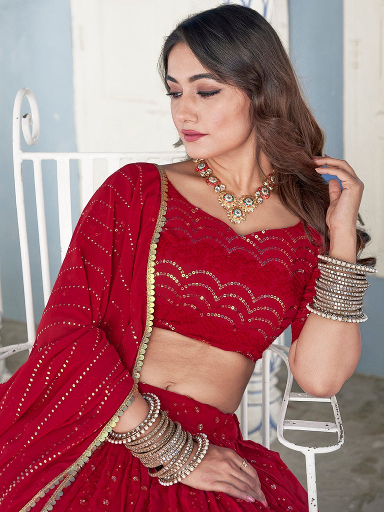 Red Color Lucknowi Thread & Sequins Embroidery Work Georgette Lehenga Choli ClothsVilla.com