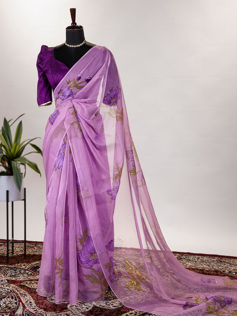 Lavender Color Floral & Foil Print Organza Saree Clothsvilla Main image