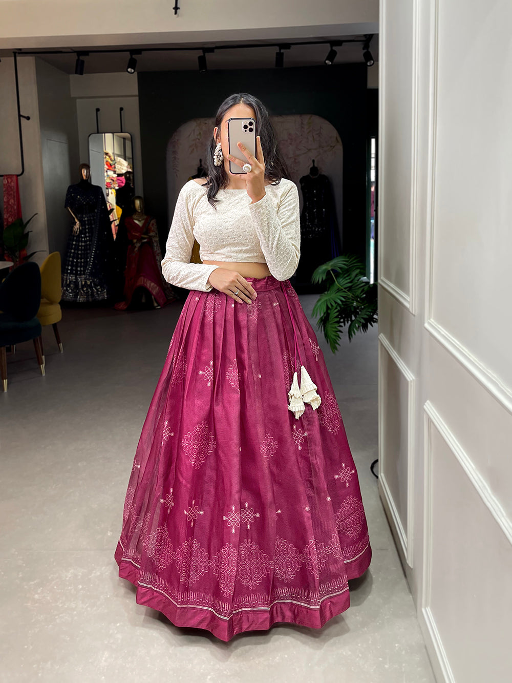 Magenta Color Digital Print Cora Chex Zari Border Co-Ord Set Lehenga Choli ClothsVilla.com Main image