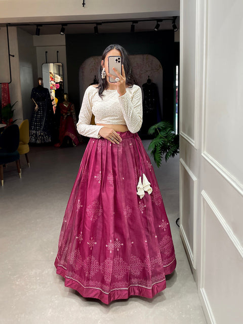 Magenta Color Digital Print Cora Chex Zari Border Co-Ord Set Lehenga Choli ClothsVilla.com Main image