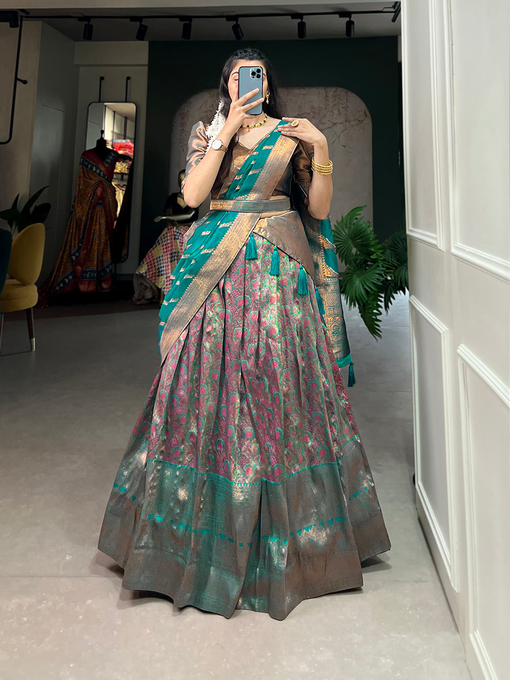 Firozi Color Zari Weaving Work Weaving Silk(Jacquard) Maharashtra Lehenga Choli Clothsvilla