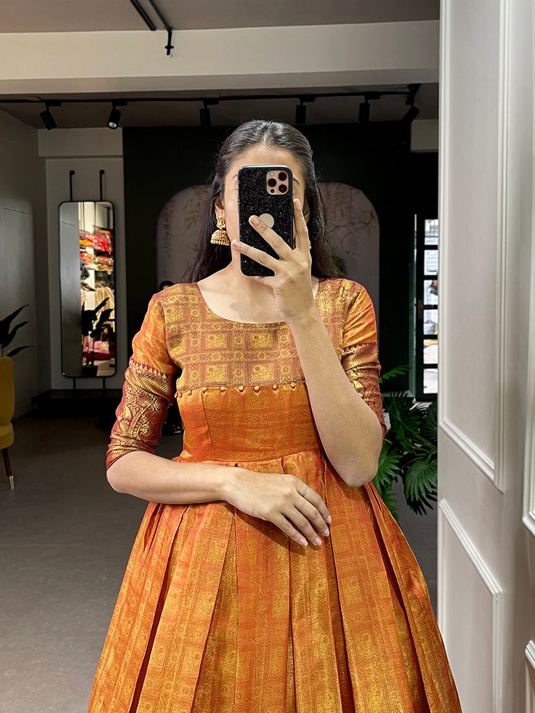 Orange Color Zari Weaving Work Kanjivaram Dress Clothsvilla