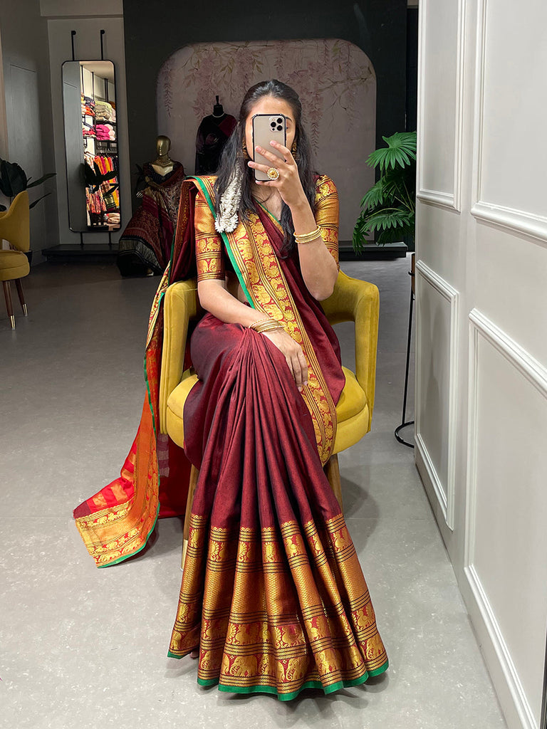 Maroon Color Zari Weaving Work Narayan Pet Saree Clothsvilla