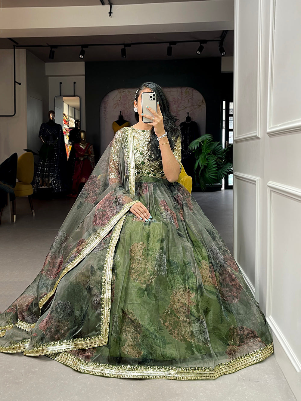 Mehndi Color Printed And Sequins Embroidery Lace Border Organza Lehenga Choli ClothsVilla.com