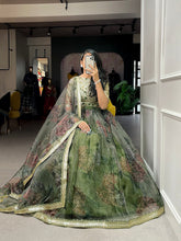 Load image into Gallery viewer, Mehndi Color Printed And Sequins Embroidery Lace Border Organza Lehenga Choli ClothsVilla.com
