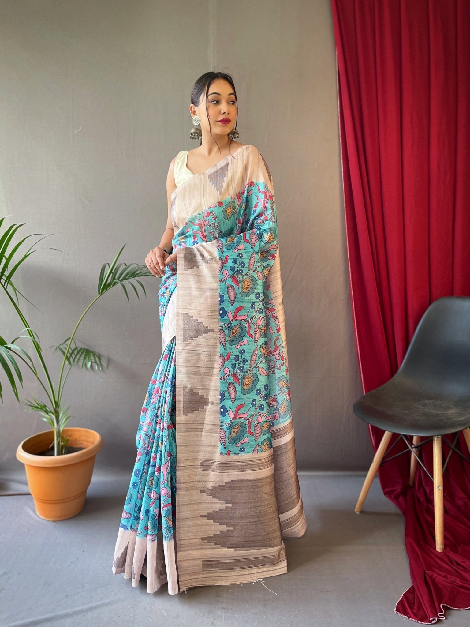 Mahima Cotton Kalamkari Printed Temple Woven Saree Blue Clothsvilla