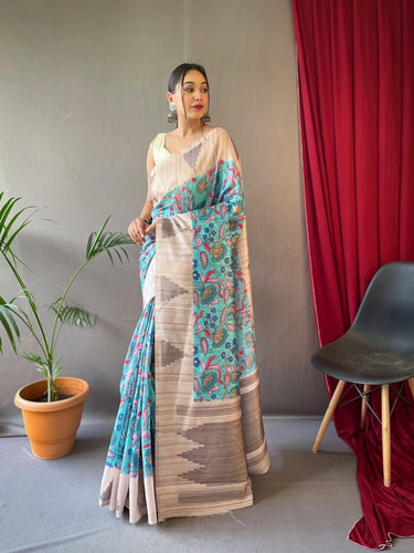 Mahima Cotton Kalamkari Printed Temple Woven Saree Blue Clothsvilla