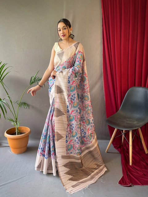 Mahima Cotton Kalamkari Printed Temple Woven Saree Grey Clothsvilla Main image