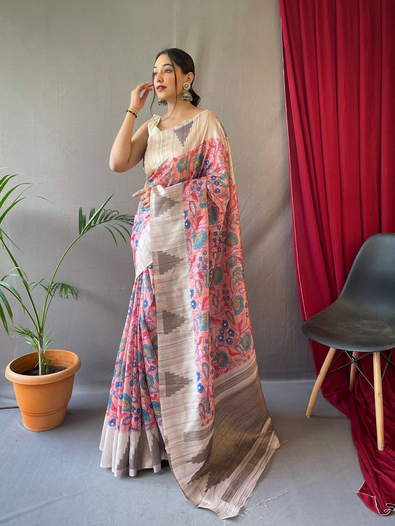 Mahima Cotton Kalamkari Printed Temple Woven Saree Pink Clothsvilla