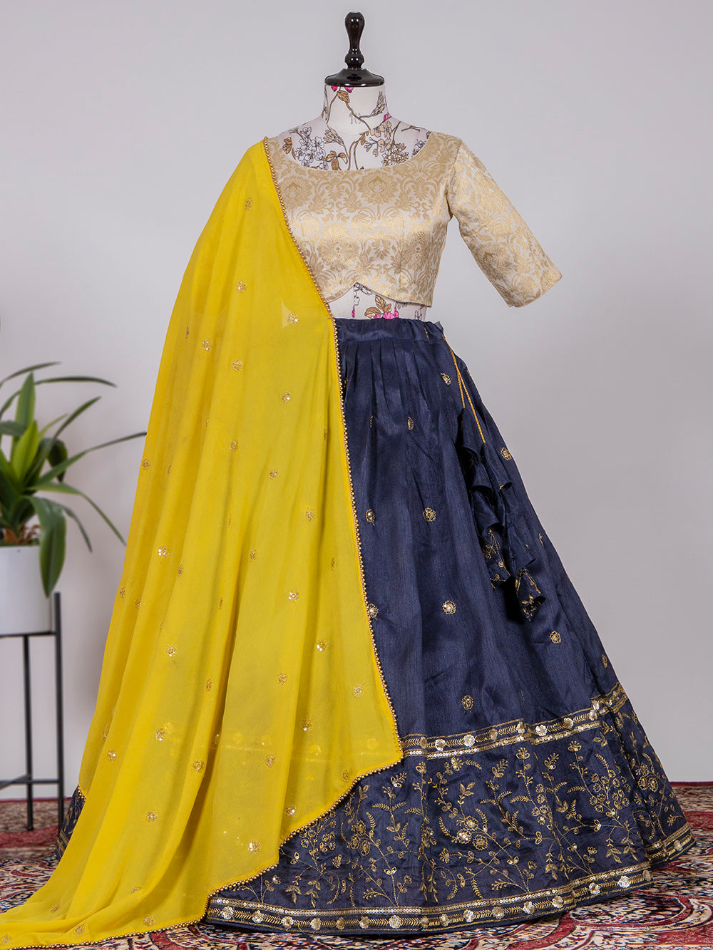 Navy Blue Color Sequins and Thread Embroidery Work Heavy Banglory Lehenga Choli With Dupatta Clothsvilla Main image