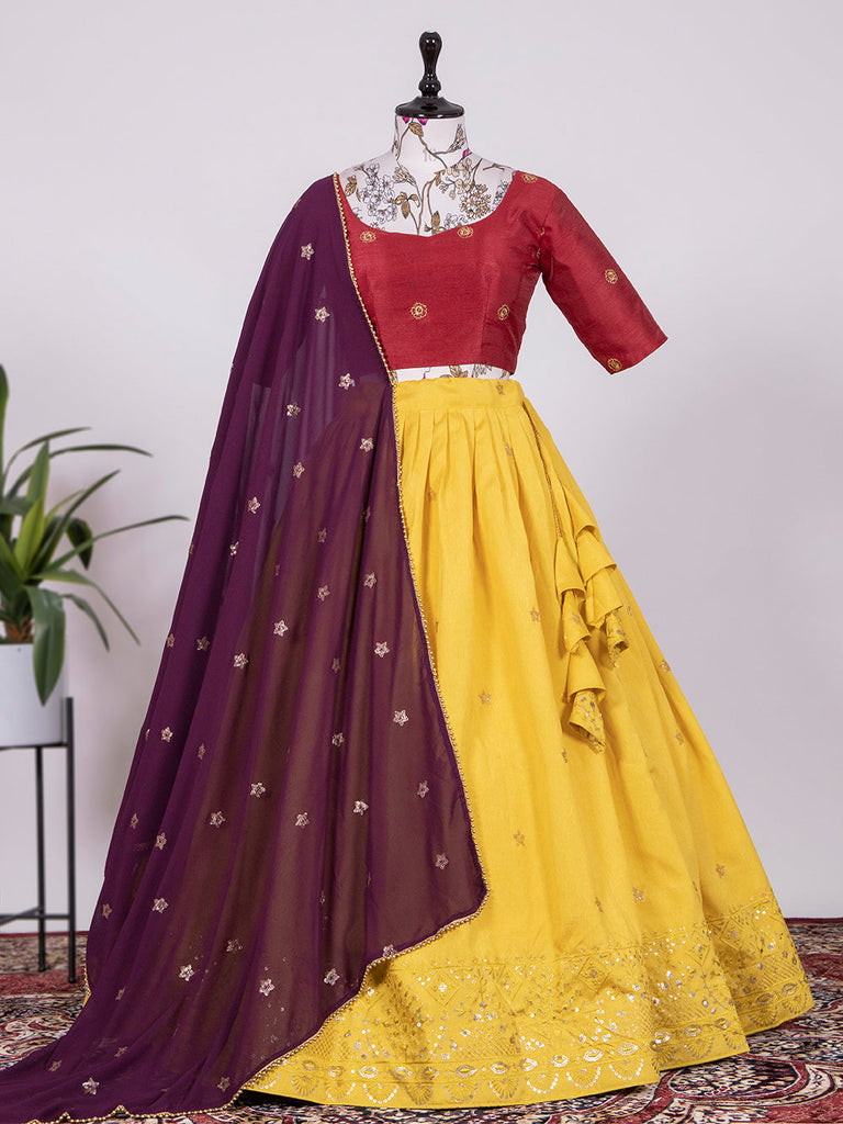 Yellow Color Sequins and Thread Embroidery Work Heavy Banglory Lehenga Choli With Dupatta Clothsvilla