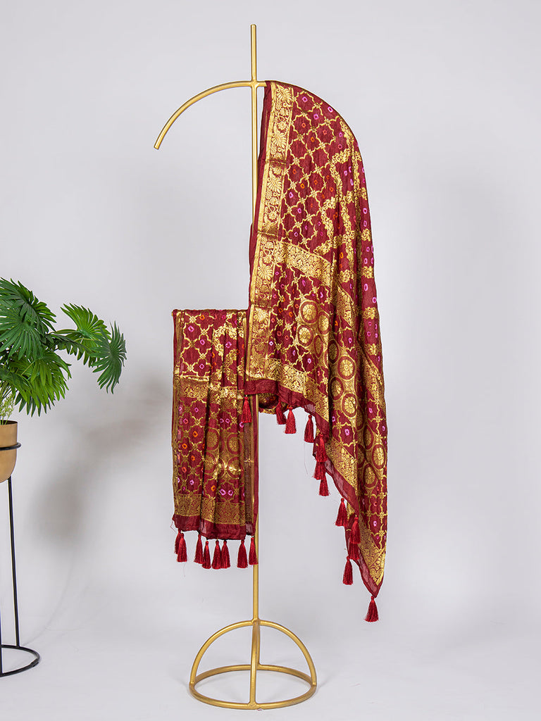 Maroon Color Zari Weaving Work Original Bandhej Silk Dupatta Clothsvilla