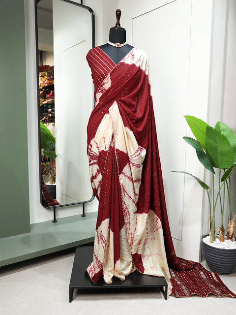Maroon Color Sequins With Zari Line And Gota Patti Lace Border Viscose Chanderi Saree Clothsvilla Main image