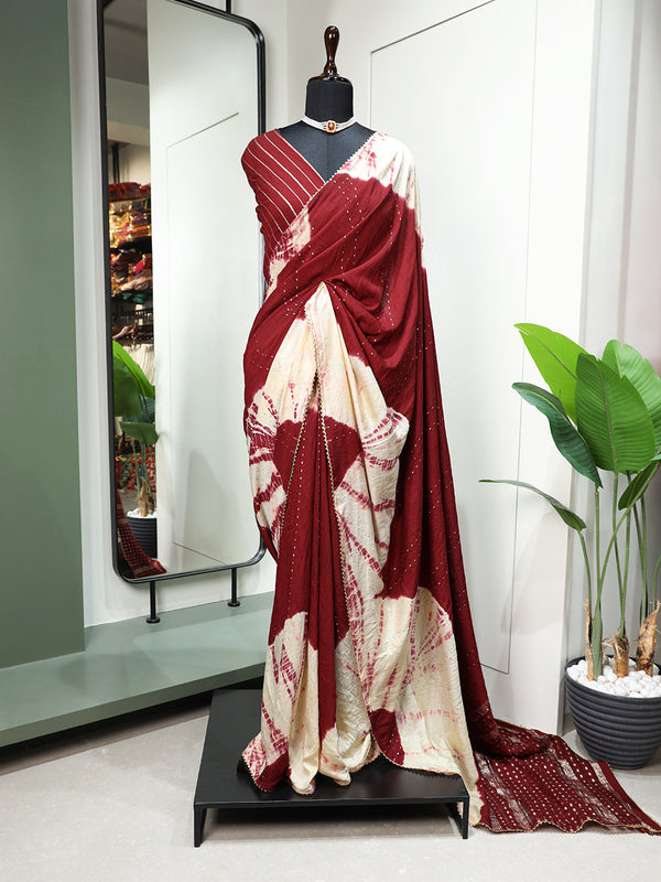 Maroon Color Sequins With Zari Line And Gota Patti Lace Border Viscose Chanderi Saree Clothsvilla